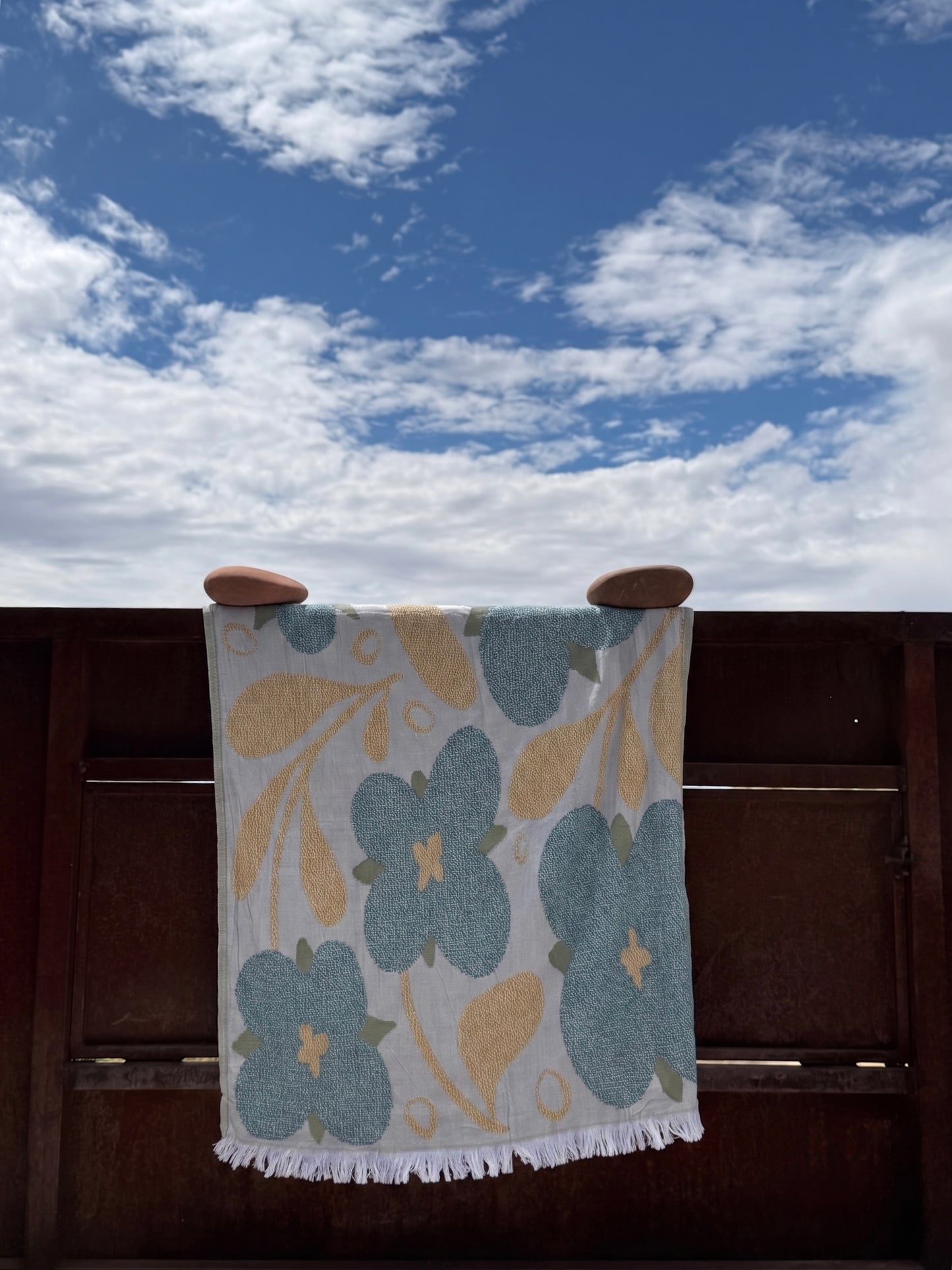 Bloom Turkish cotton beach towel & throw — blue and yellow floral jacquard, pool & picnic