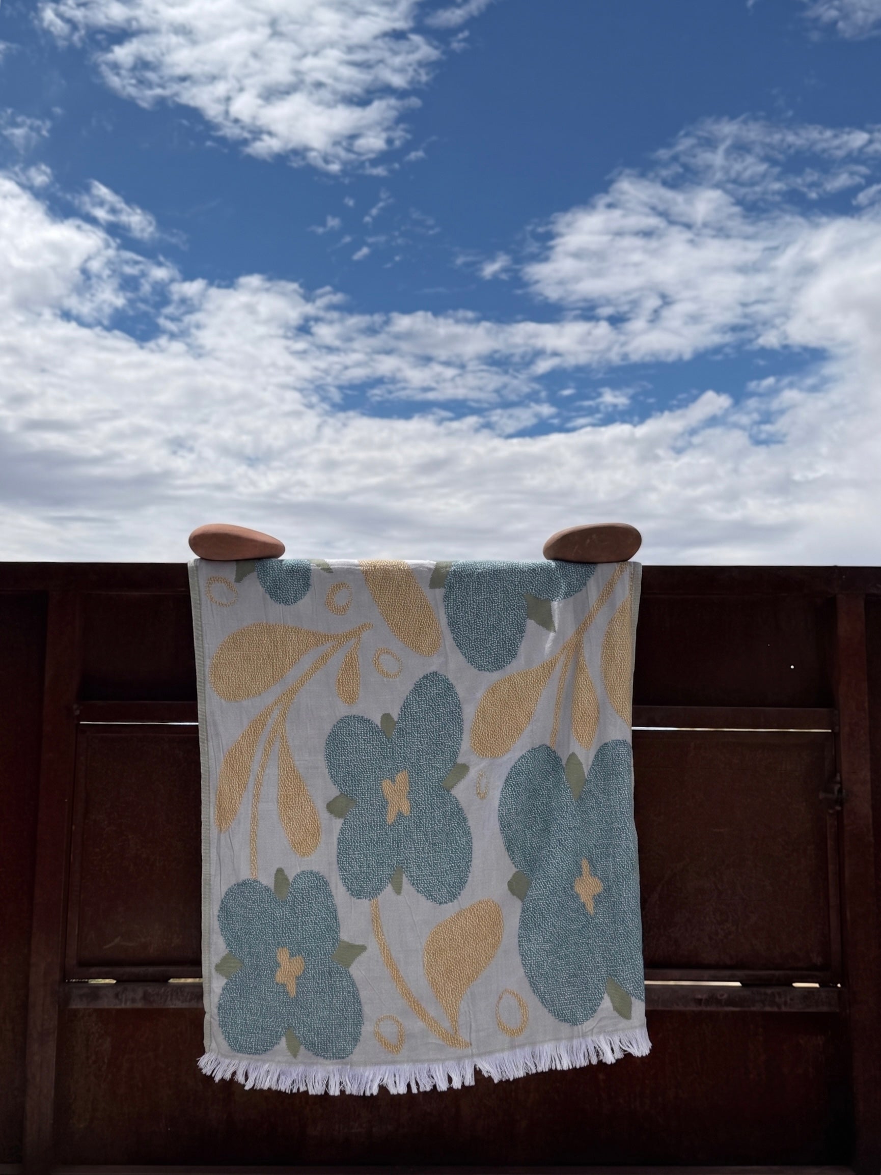 Bloom Turkish cotton beach towel & throw — blue and yellow floral jacquard, pool & picnic
