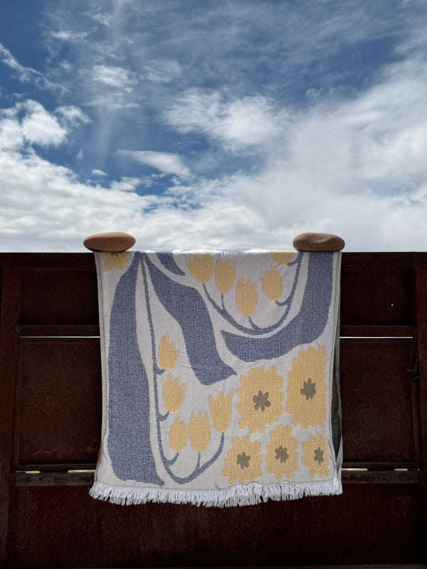 Lustre Turkish cotton beach towel & throw — slate-blue and mustard botanical jacquard