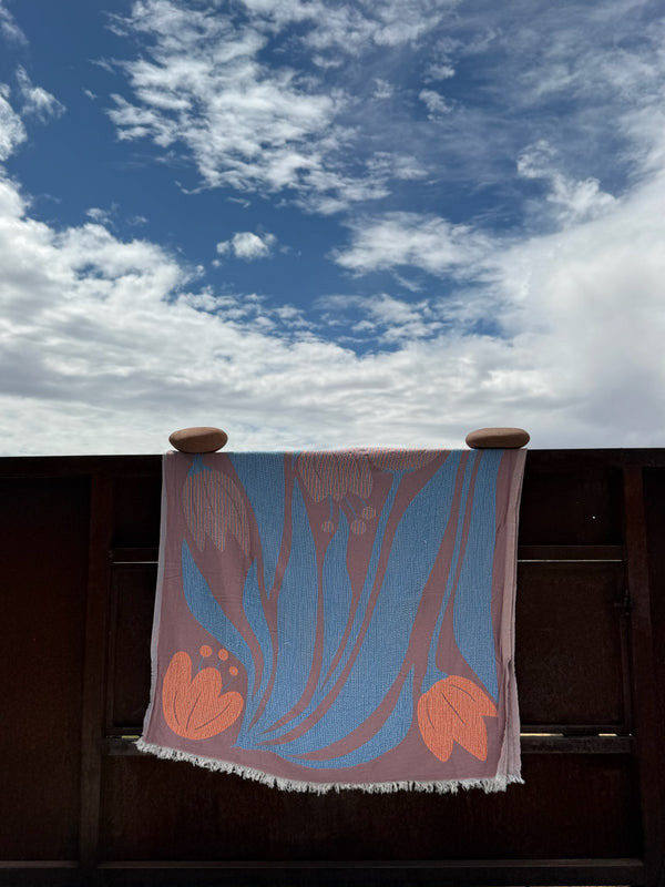 Bliss Turkish cotton beach towel — rose pink and sky blue ikat jacquard, pool & bath towel