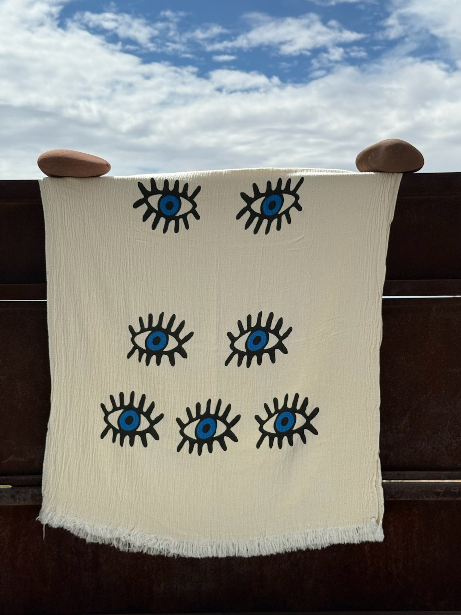 Nazar Turkish cotton beach towel — cream with navy evil-eye motifs, quick-dry pool & bath towel
