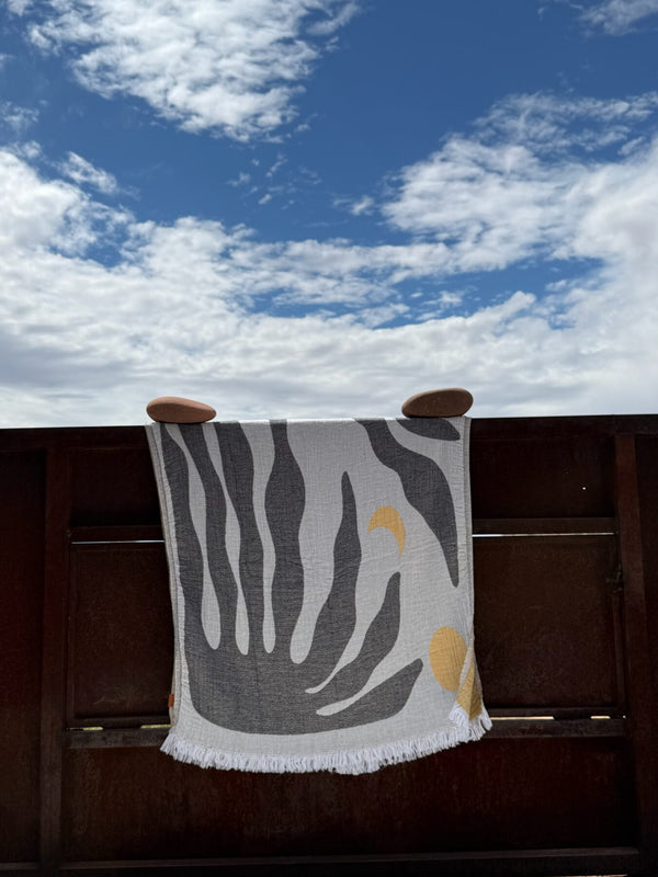 Aura Turkish cotton beach towel & throw — charcoal and mustard abstract jacquard