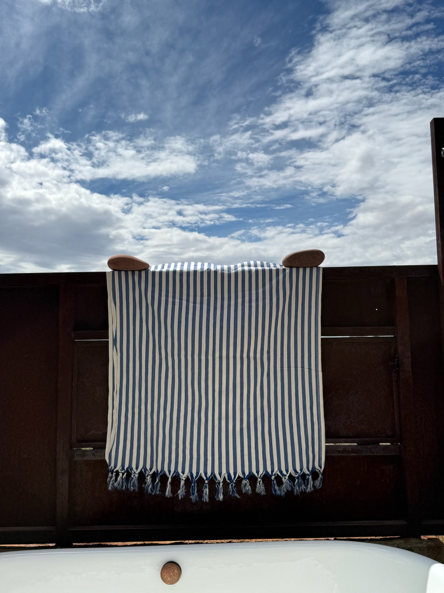 Horizon Turkish cotton beach towel — navy and white pinstripe, quick-dry pool & bath towel