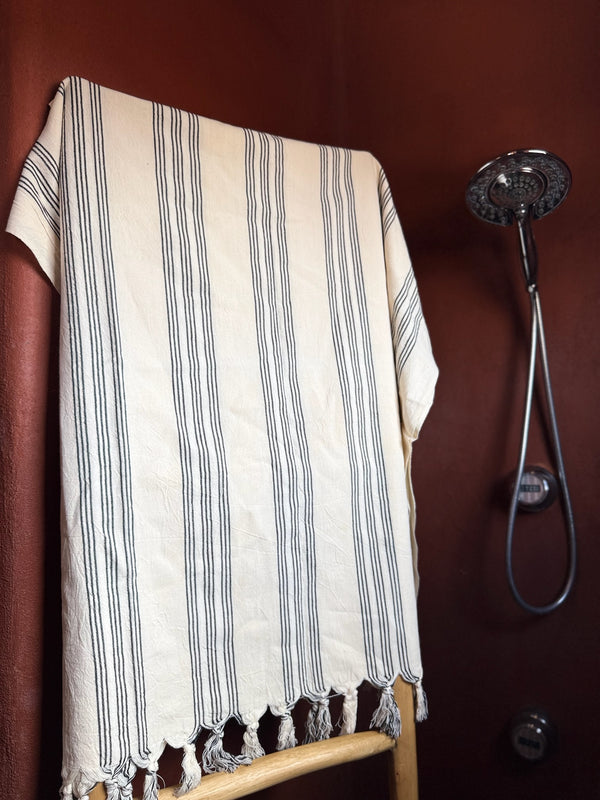 Harmony Turkish cotton beach towel — black stripes on cream, quick-dry pool & bath towel