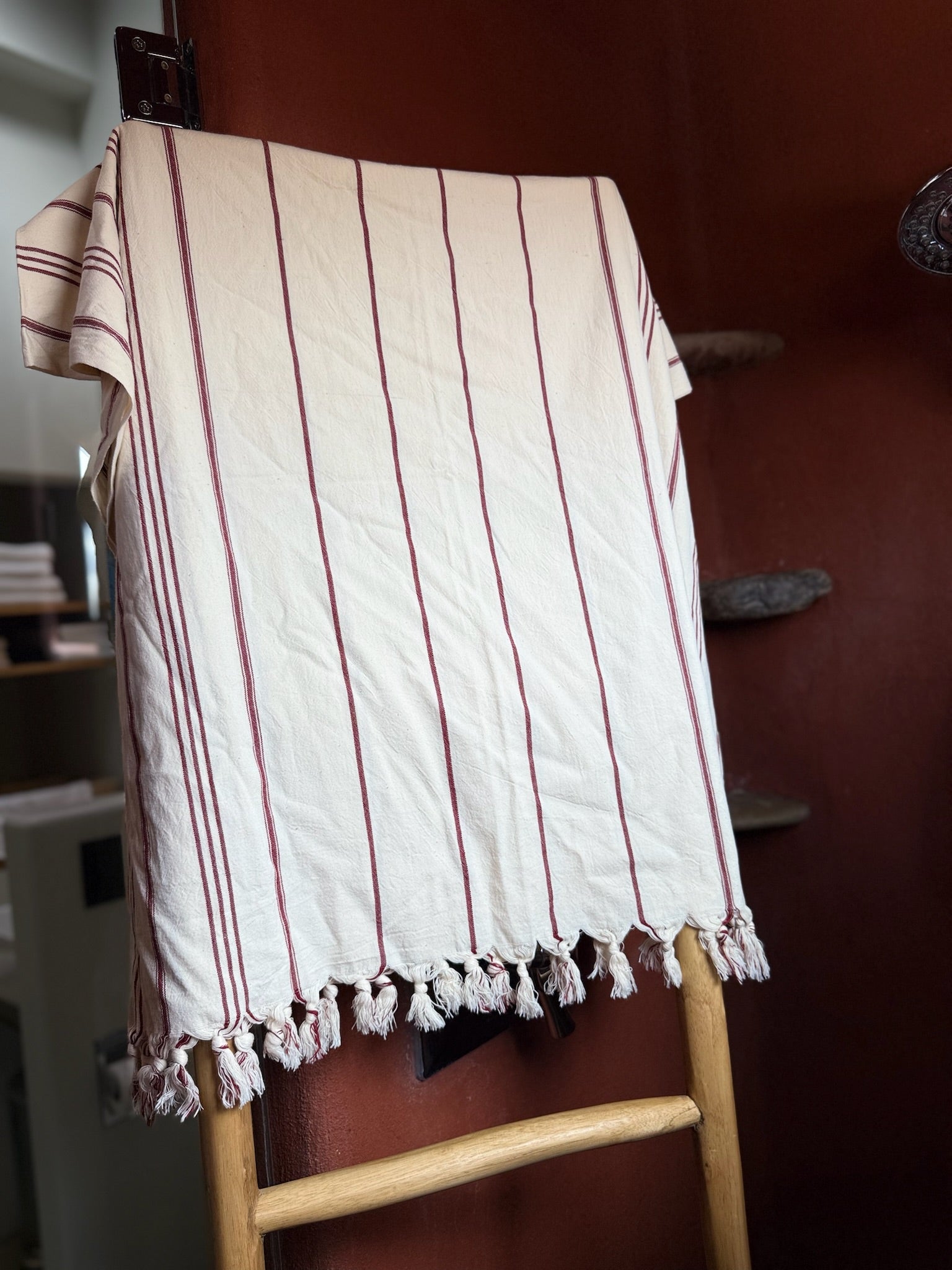 Whisper Turkish cotton beach towel — white with burgundy stripes, quick-dry pool & bath towel