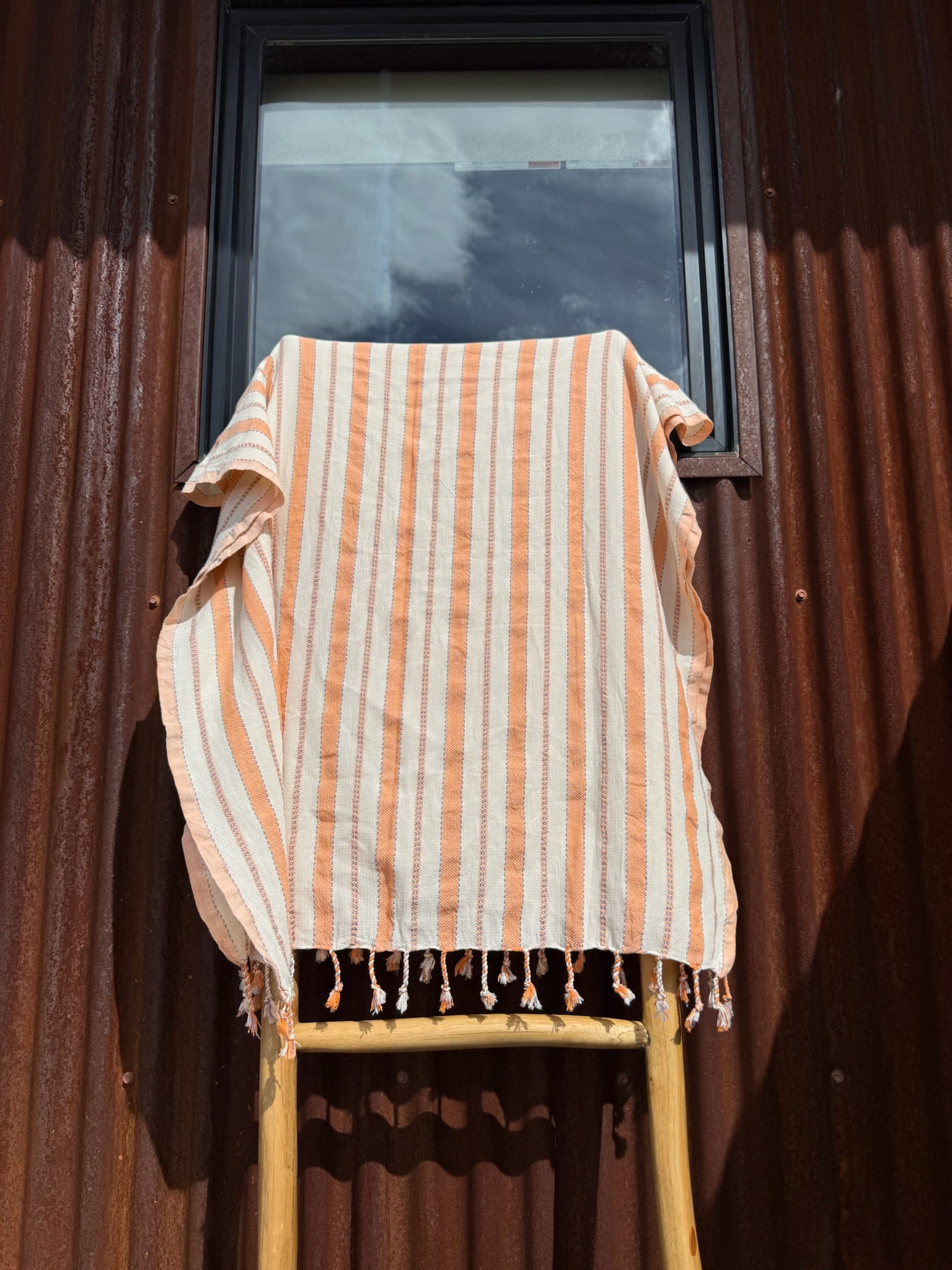 Sunlit Turkish cotton beach towel — orange and white stripes, quick-dry pool & bath towel