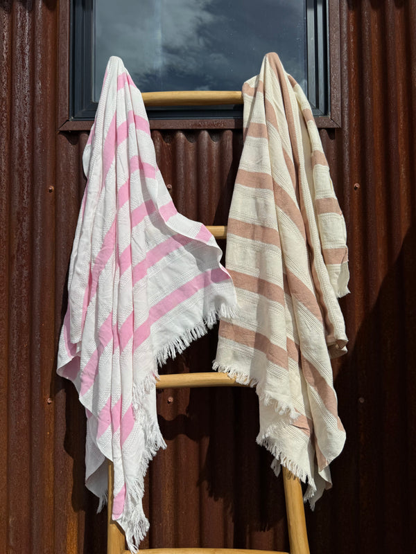 Solace Turkish cotton beach towel — pink and sand striped muslin, quick-dry pool & bath towel